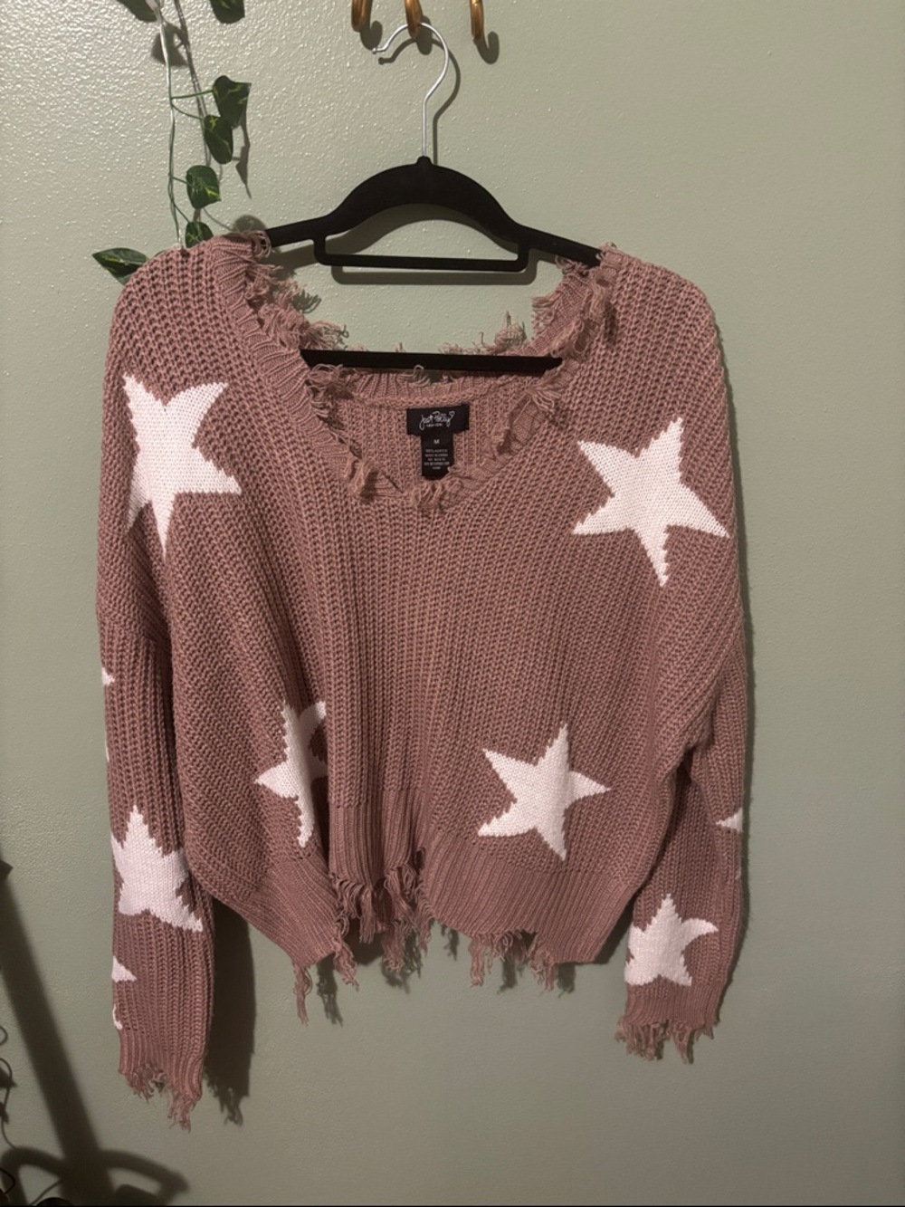 Oversized Pink Star-Print Distressed V-Neck Sweater